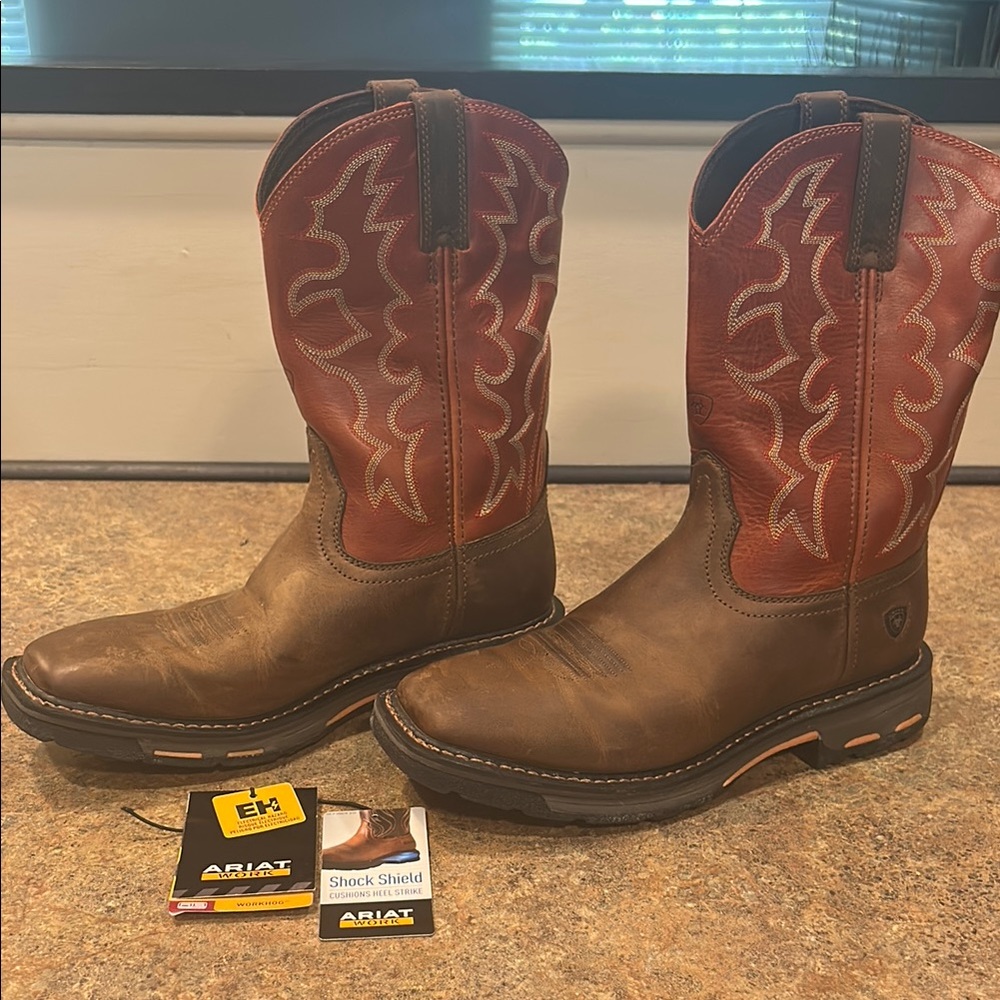 Ariat Brown and Red Cowboy Work Boots